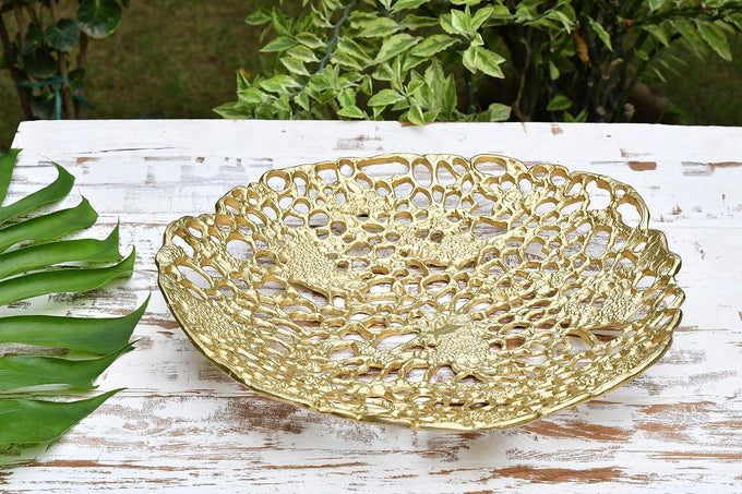 DeKulture Handmade Gold Amoeba Tray, 17 in Diameter — Decorative Centerpiece for Home Decor, Weddings & Holiday Tables