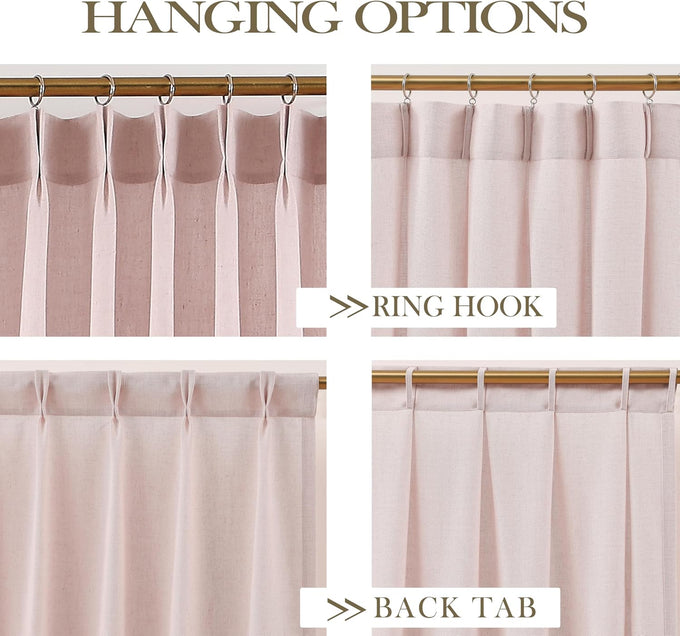 Hillcrest Soft Pink Pinch Pleated Linen Semi Sheer Curtains 120 Inch Long