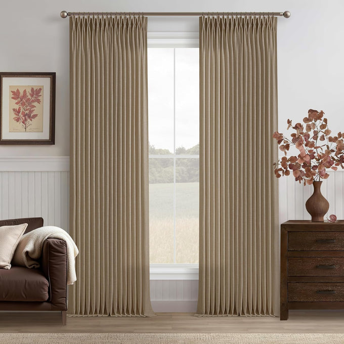 Natural Pinch Pleated Linen Blend Semi Sheer Window Curtains 90 Inches Long