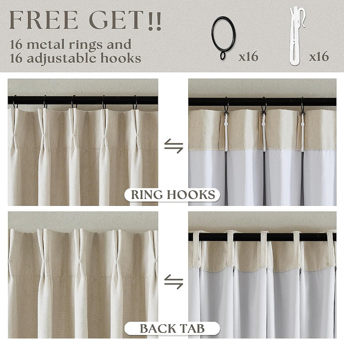 Cream Beige Linen Black Out 96 Inch Curtains for Bedroom Windows 2 Panels