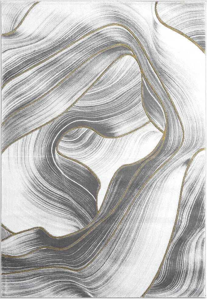 Abani Grey & Gold Metallic Contemporary Ribbon 4' x 6' Area Rug, Rugs Swirl Design Neutral Non-Shed Bedroom Rug