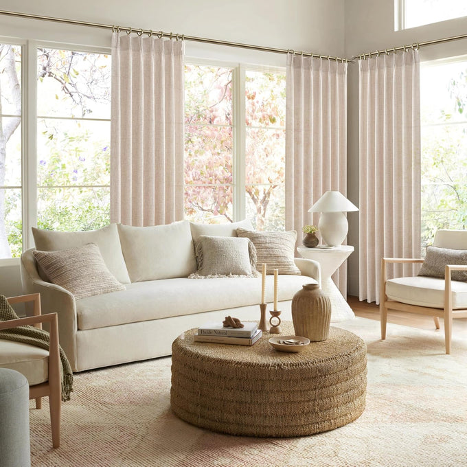 PleatedDrapes Light Filtering Primitive for Living Room, Thick Linen Semi Sheer Curtains 96 Inches Long 2 Panels Set Rustic Country Oatmeal Beige Curtains Patio Door Window Drapes Window Treatments