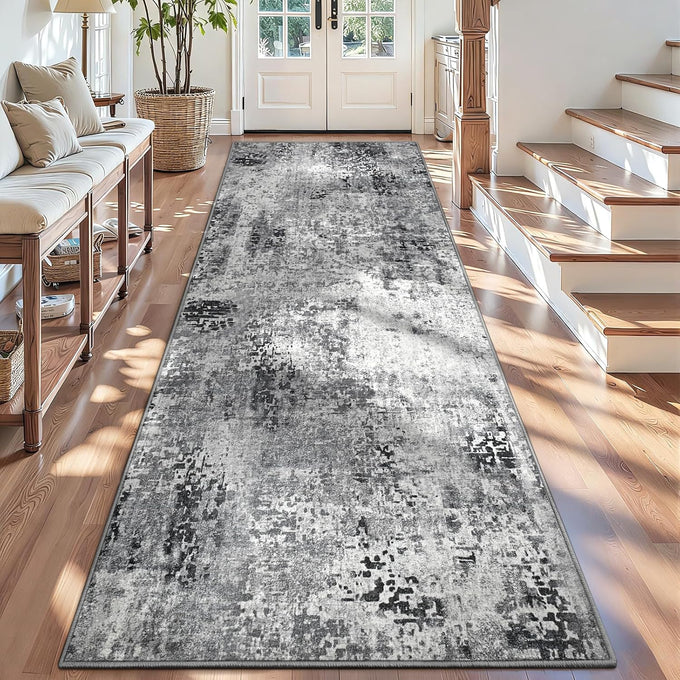 3x12 Grey Rug Runners for Hallways Kitchen Runner Rug Non Slip Washable Black Long Runner Rugs with Rubber Backing Soft Abstract Carpet Runner for Bedroom, Kitchen, Bathroom, Entryway