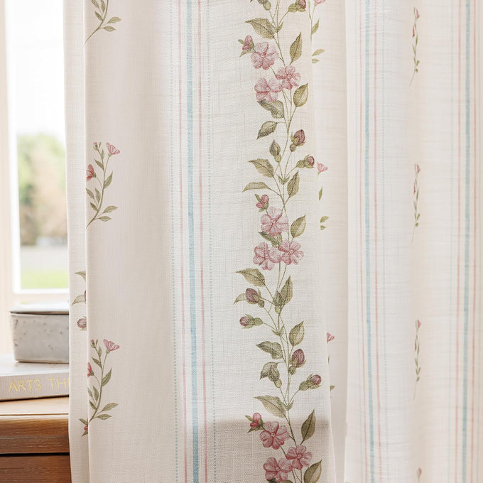 DrapePalette - Linen Blend Pinch Pleated Curtains 96 Inches Long for Living Room, Bedroom, Dining Room, Light Filtering Curtains 2 Panels Set, Modern Floral Printed Design, Beige White, 30" W x 96" L