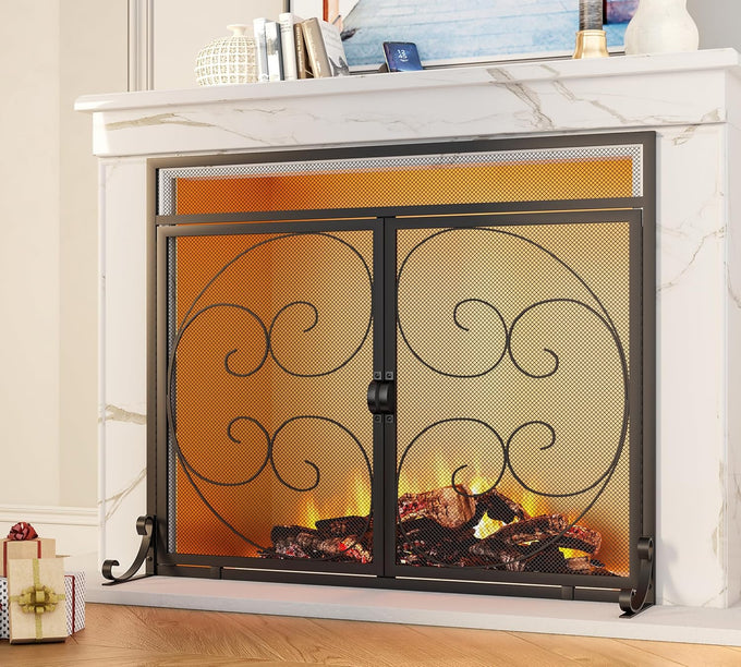 Fire Beauty Wrought Iron Fireplace Screen Magnetic Door Spark Guard Black