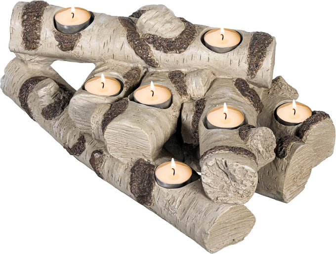 Plow & Hearth Faux Birch Fireplace Candle Holder, Resin Log Insert for Fireplace Decor, Holds 8 Fireplace Candles for Inside Fireplace, Cozy Living Room Fireplace Decorations