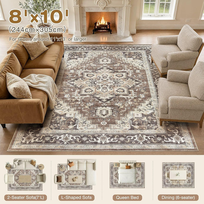 DTICON Vintage Washable 8x10 Area Rug Living Room Rugs, Dark Brown