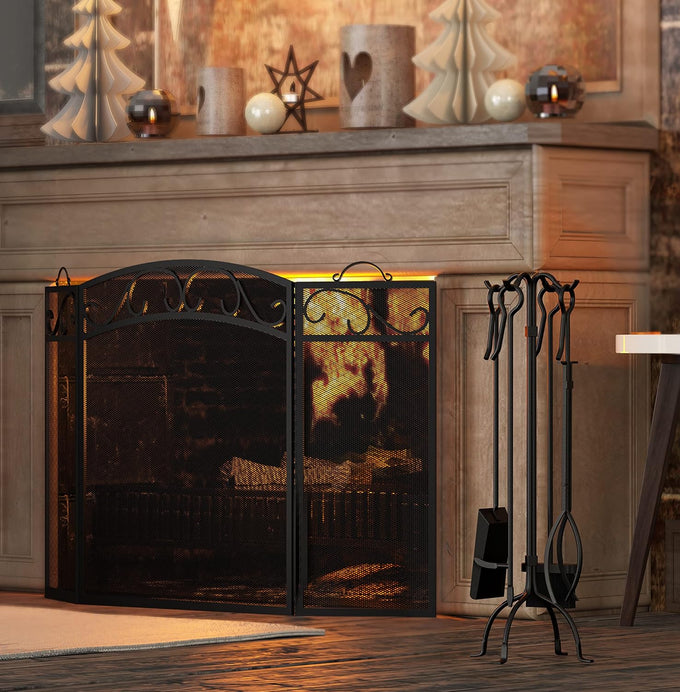 Fire Beauty 3 Panel Wrought Iron Fireplace Screen, Black Spark Guard