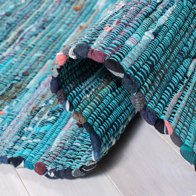 SAFAVIEH Rag Rug Collection Area Rug - 6' Square, Blue & Multi, Handmade Boho Stripe Cotton, Ideal for High Traffic Areas in Living Room, Bedroom (RAR121B)
