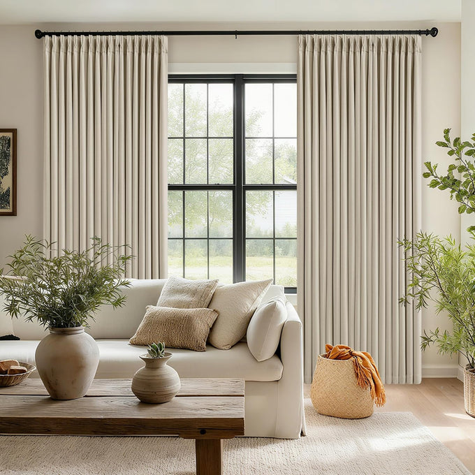 Oatmeal 102 Inch Blackout Linen Pleated Curtains for Bedroom Living Room