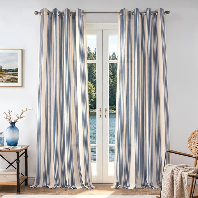 DriftAway Farmhouse Curtains for Living Room Vertical Striped Linen Curtains Semi Sheer Light Filtering Grommet Window Treatments, 120 Inches Long, 2 Panels, Jean Navy on Beige