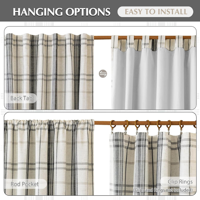 DriftAway 100% Blackout Plaid Linen Chenille Curtains 90 Inches Black