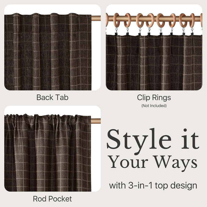 NICETOWN Plaid Jacquard Brown Bedroom Curtains, Rod Pocket & Back Tab Geometric Pattern Thick Wovern Mudcloth Rustic Farmhouse Window Drapes for Home Decor, W52 x L96, 2 Panels