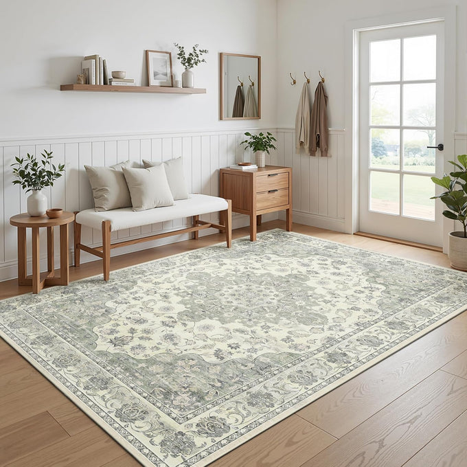 5x7 Non-Slip Washable Livingroom Vintage Area Rug, Sage Green