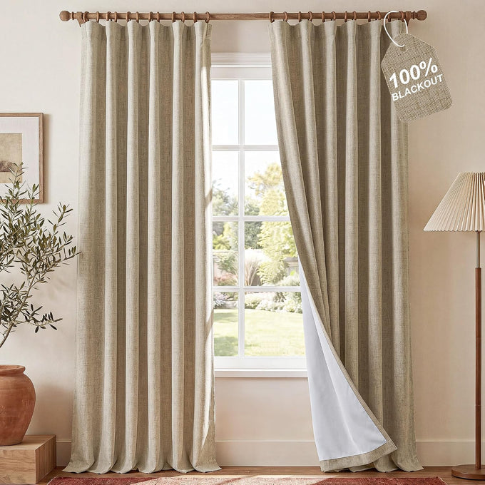 NICETOWN Farmhouse Linen Textured 100% Blackout Beige Curtains, Rustic 3-in-1 Header (Hooks/Tabs/Pocket) Thermal Drapes Room Darkening Window Treatments for Bedroom, 2 Panels, 52" W x 108" L