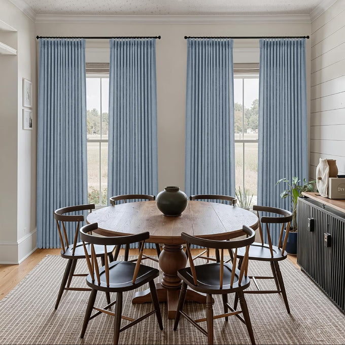 Jowels Blue Pleated Thick Linen Curtains 90 Inch Long for Living Room