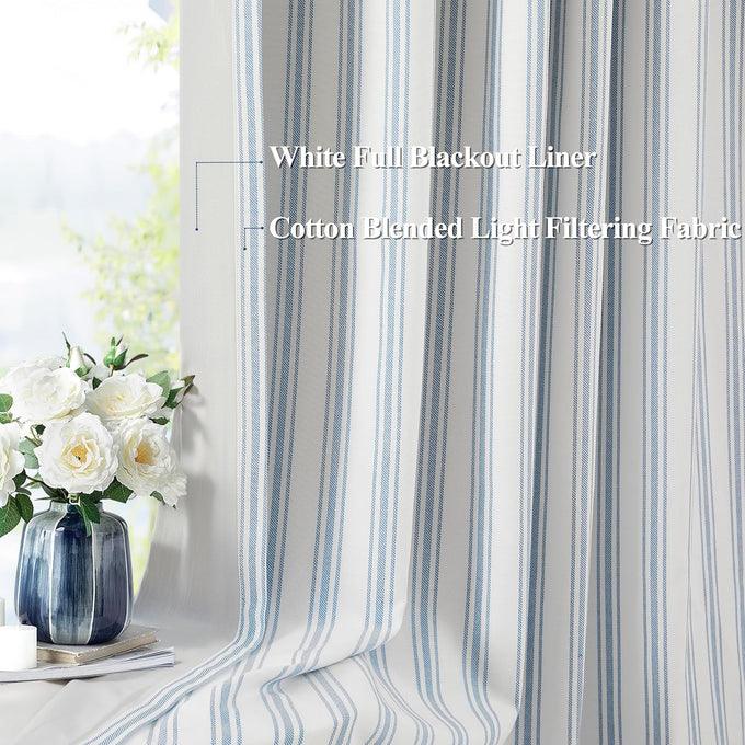 ZJDECOR Blue Striped Blackout Curtains 84 Inches Length,Back Tab Rod Pocket
