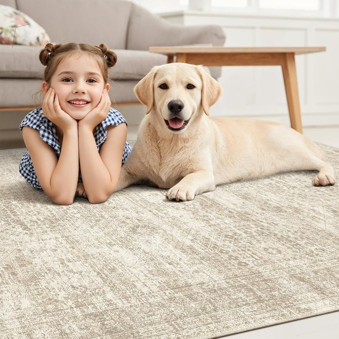 Soalmost Washable Area Rug 8x10 Large Soft Beige Rugs for Living Room