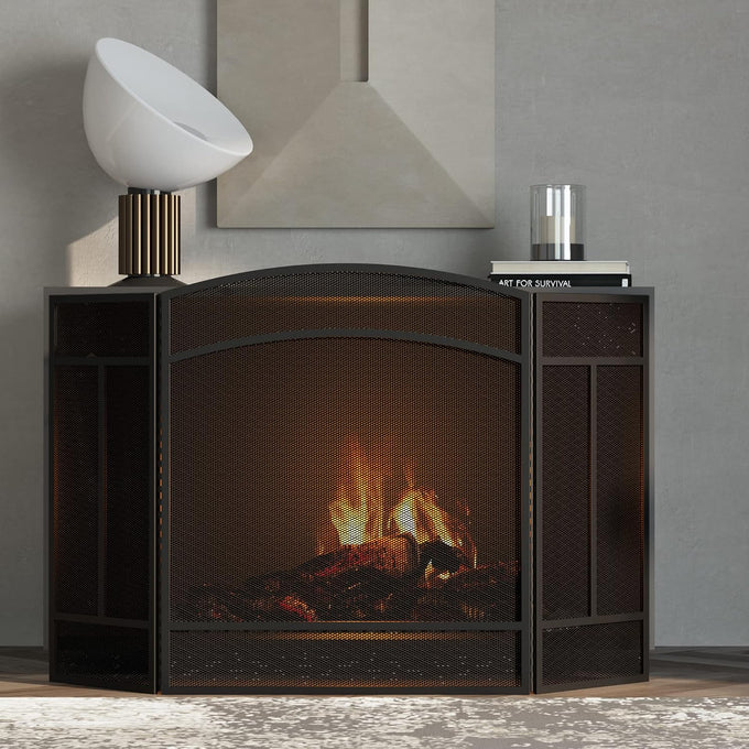 Fire Beauty 3 Panel Wrought Iron Fireplace Screen Spark Guard Cover(Black)