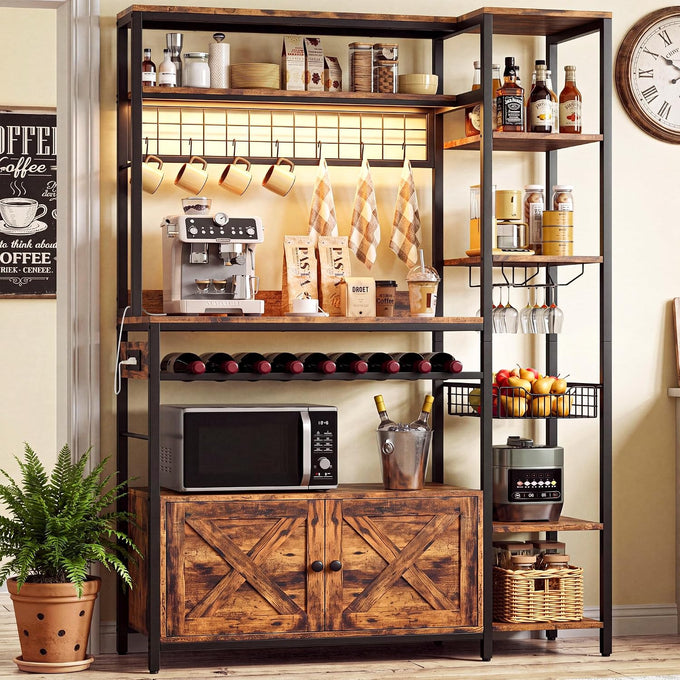 IRONCK Bakers Rack with Cabinet and LED Light, Coffee Bar Cabinet, Brown