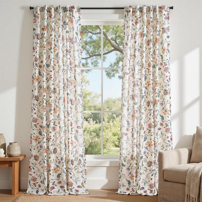 jinchan Beige Floral Linen Curtains 108 Inch Vintage Back Tab 2 Panels