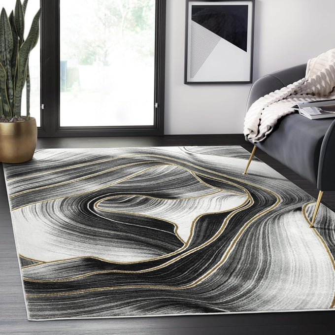 Abani Grey & Gold Metallic Contemporary Ribbon 4' x 6' Area Rug, Rugs Swirl Design Neutral Non-Shed Bedroom Rug