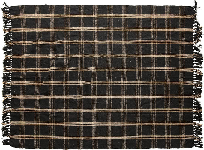 Plaid Black & Tan Fringed Woven Cotton Blend Throw