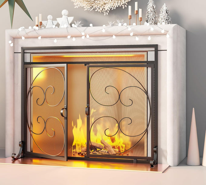 Fire Beauty Wrought Iron Fireplace Screen Magnetic Door Spark Guard Black