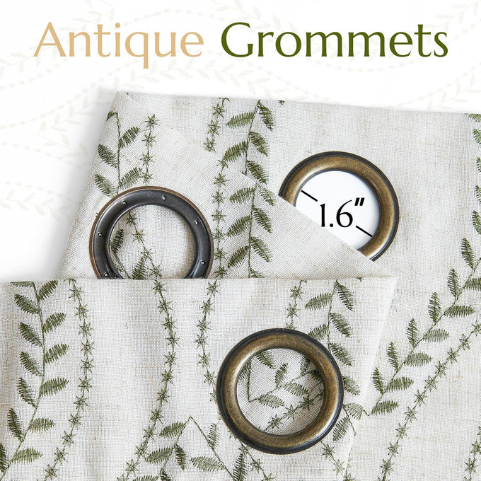 jinchan Boho Linen Curtains 63 Inch Green on Beige Grommet 2 Panels