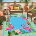 Luxury Flamingo Tropical Leaf Flower Patter 4x6 Outdoor Rug Blue Pink Gold Waterproof Soft Pile Carpet for Patio Porch Deck Balcony Chic Double Layer Border Garden Backyard Durable Mat