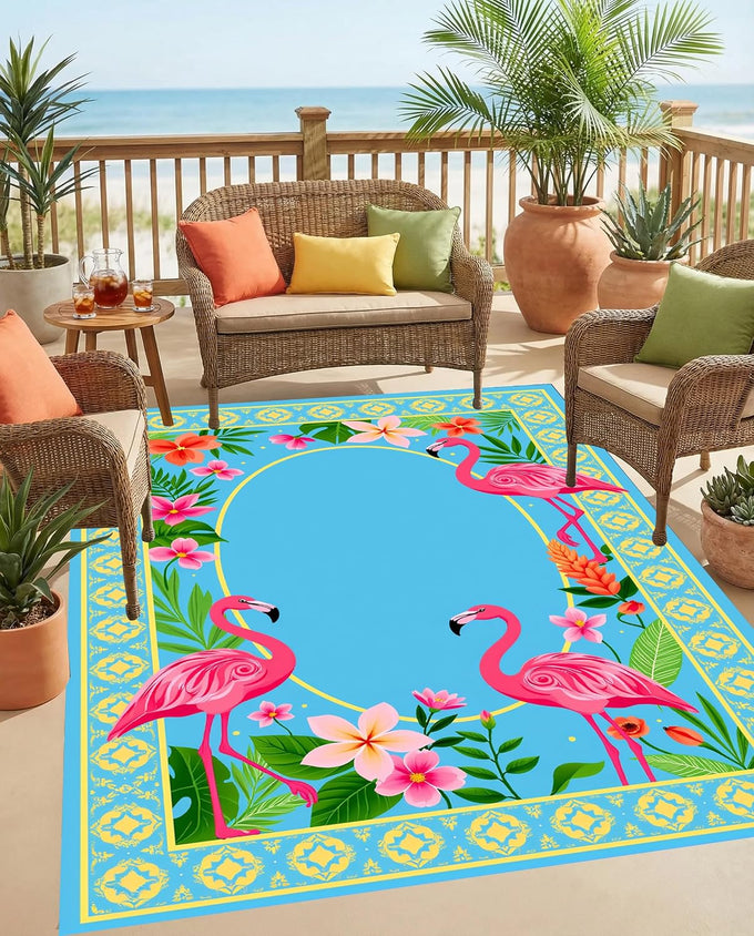 Luxury Flamingo Tropical Leaf Flower Patter 4x6 Outdoor Rug Blue Pink Gold Waterproof Soft Pile Carpet for Patio Porch Deck Balcony Chic Double Layer Border Garden Backyard Durable Mat