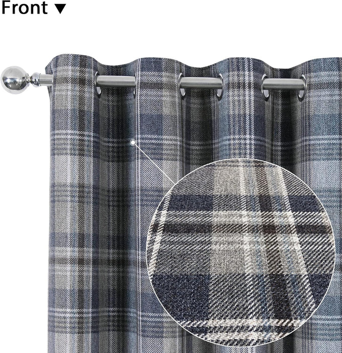 always4u Plaid Gingham Curtains for Living Room Bedroom Room Darkening Check Country Curtains 2 Panels Striped Grommet Window Treatments 54X84 Inch Blue and Brown