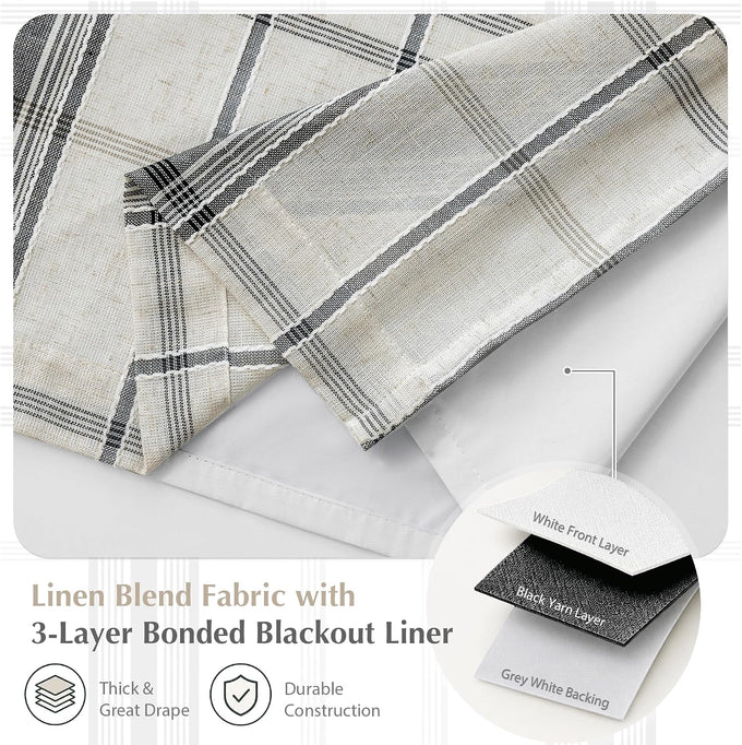 DriftAway 100% Blackout Plaid Linen Chenille Curtains 90 Inches Black