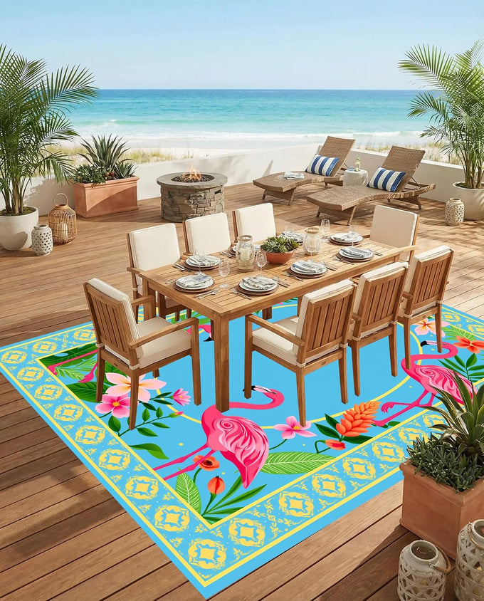 Luxury Flamingo Tropical Leaf Flower Patter 4x6 Outdoor Rug Blue Pink Gold Waterproof Soft Pile Carpet for Patio Porch Deck Balcony Chic Double Layer Border Garden Backyard Durable Mat