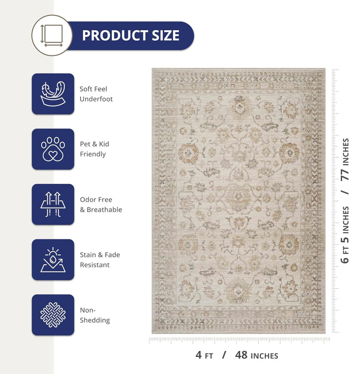 Abani Evelyn Collection Beige Area Rug - 4' x 6' - Floral Pattern, Non-Shedding - Easy to Clean, Durable for Living Rooms, Bedrooms & Offices, Pet & Kid Friendly