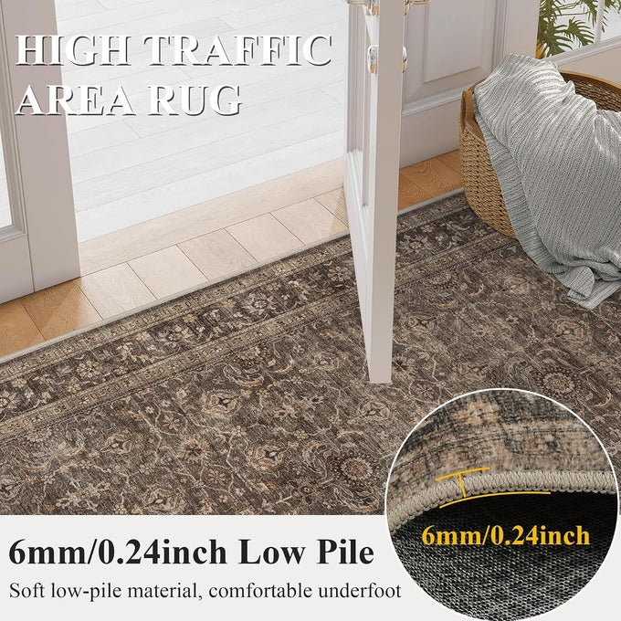 JOOJA 8x10 Dark Brown Vintage Soft Low Pile Non Slip Boho Washable Area Rug
