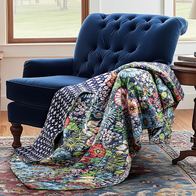 Levtex Home - Night Garden Quilt Set - King Quilt and Two King Shams - Bold Floral - Navy Red Pink Green Ochre White - Quilt (106x92in.) and Shams (20x36in.) - Reversible - Cotton