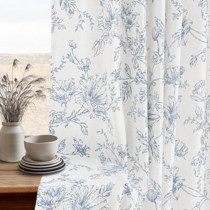 BILEEHOME Pleated Blue Curtains for Living Room Privacy Linen Drapes 40x90