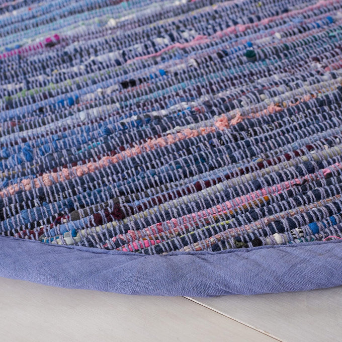 SAFAVIEH Rag Rug Collection Area Rug - 6' Round, Purple & Multi, Handmade Boho Stripe Cotton, Ideal for High Traffic Areas in Living Room, Bedroom (RAR121D)