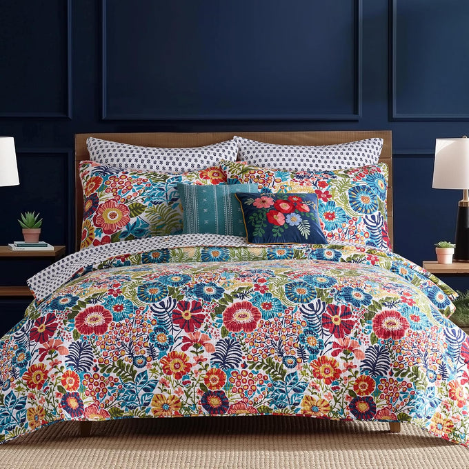 Levtex Home - Night Garden Quilt Set - King Quilt and Two King Shams - Bold Floral - Navy Red Pink Green Ochre White - Quilt (106x92in.) and Shams (20x36in.) - Reversible - Cotton