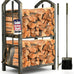 AMAGABELI GARDEN & HOME Firewood Rack Indoor with Tools 5-Piece Fireplace Tools Set Wood Holder Outdoor Wrought Iron Log Holder Firewood Storage Rack for Fireplace,Fire Pit,Wood Stove Black