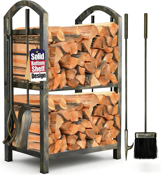 AMAGABELI GARDEN & HOME Firewood Rack Indoor with Tools 5-Piece Fireplace Tools Set Wood Holder Outdoor Wrought Iron Log Holder Firewood Storage Rack for Fireplace,Fire Pit,Wood Stove Black