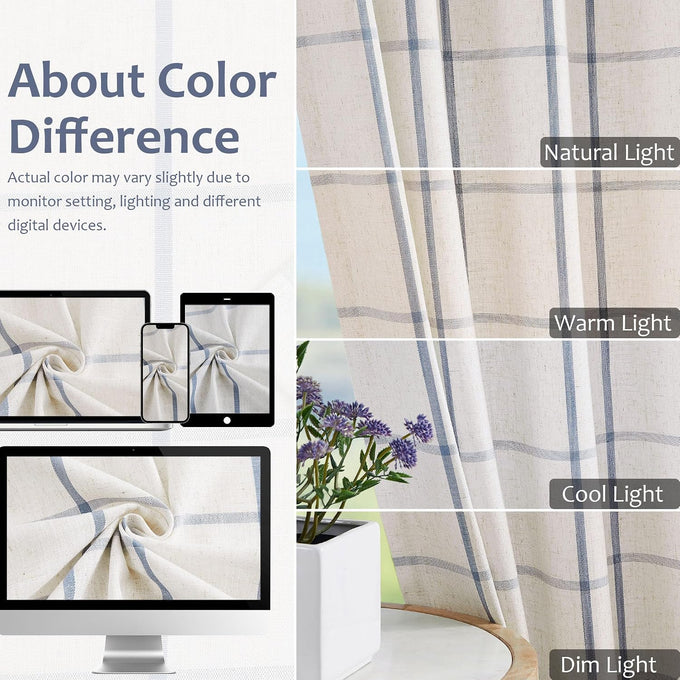 Cornflower Blue Plaid Pinch Pleated Semi Sheer Curtain, 40"Wx108"Lx2