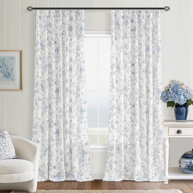 BILEEHOME Pleated Blue Curtains for Living Room Privacy Linen Drapes 40x90