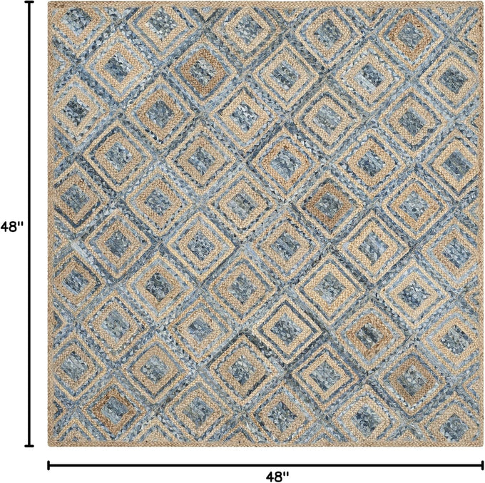 SAFAVIEH Cape Cod Collection Area Rug - 4' Square, Natural & Blue, Handmade Flat Weave Diamond Braided Jute & Denim, Ideal for High Traffic Areas in Living Room, Bedroom (CAP354A)