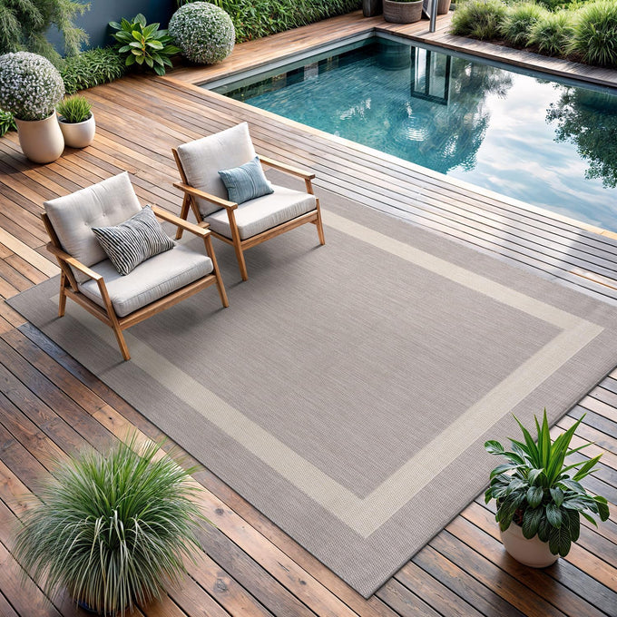 CAMILSON Outdoor Rug 5x7,Modern Outside Rugs for Patios Porches Waterproof Durable Washable Non-Shedding, Easy-to-Clean Indoor Outdoor Area Carpet (5 x 7, Bordered - Gray/White)
