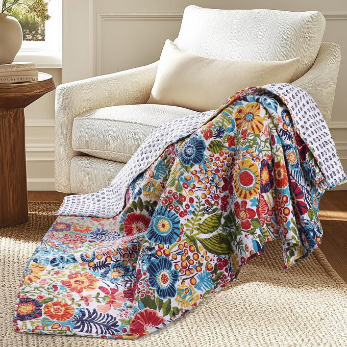 Levtex Home - Day Garden - Throw - Bold Floral - White Red Pink Green Ochre Teal - Throw (50x60in.) - Cotton