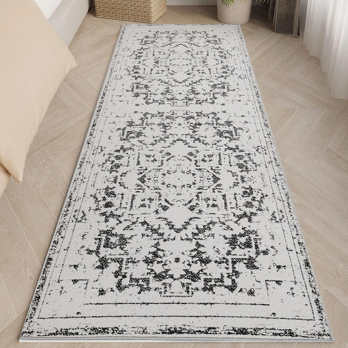 Vintage Runner Rug Non Slip for Hallway Bathroom Kitchen 3x10 ft, Ultra Soft Boho Carpet Runner with Low Pile Design Machine Washable Runner Rugs for Entryway Laundry Living Room (Black)