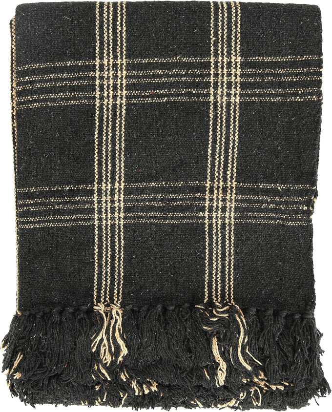 Plaid Black & Tan Fringed Woven Cotton Blend Throw