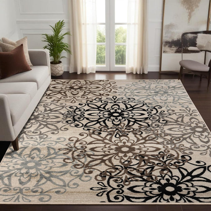 SUPERIOR Indoor Area Rug, Modern Floral Design, 5'x8', Beige-Brown